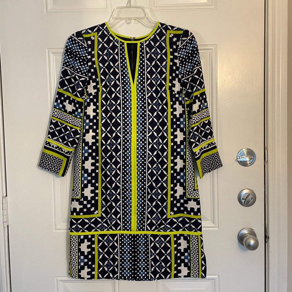Vince Camuto Blue Green Yellow Three-quarter Sleeve Tropical Mini Dress Size 2